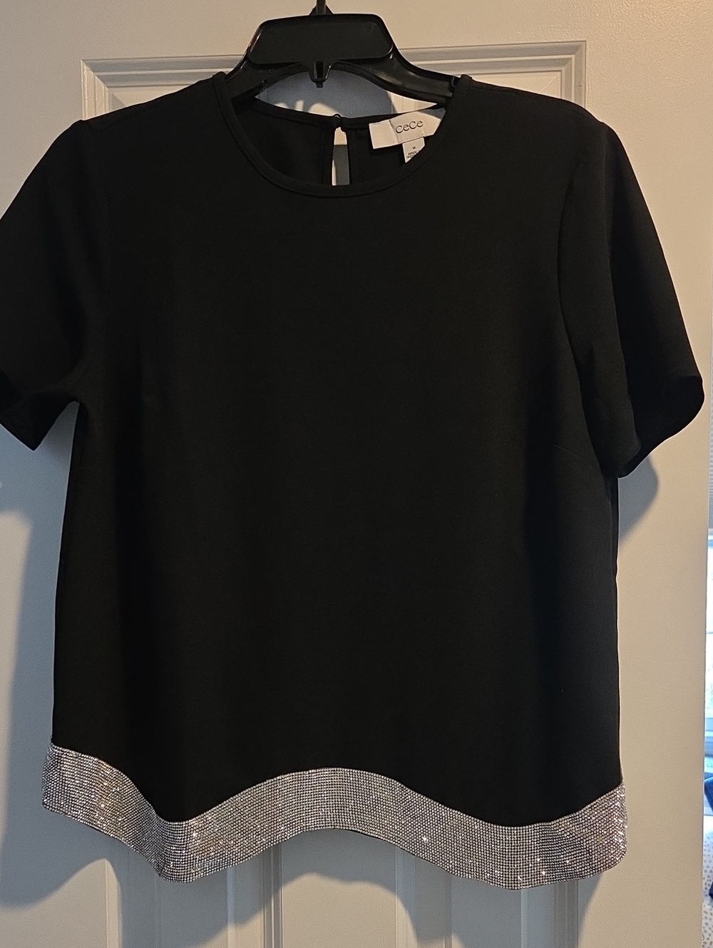 C.C Black Short-Sleeve Top with Crystal-Trim Hem